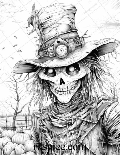 53 Scary Steampunk Scarecrows Grayscale Coloring Pages Printable for Adults, PDF File Instant Download