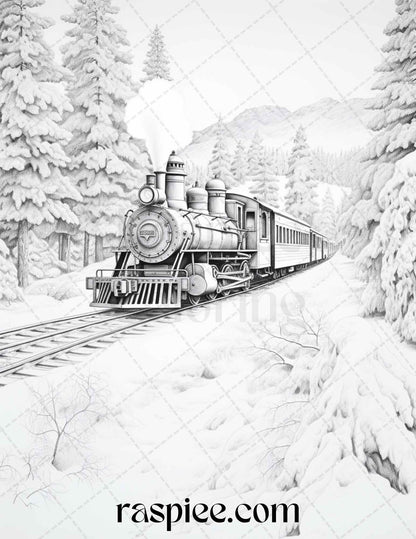 Winter Scenery Grayscale Coloring Pages Printable, Relaxing Snowy Landscapes, PDF File Instant Download