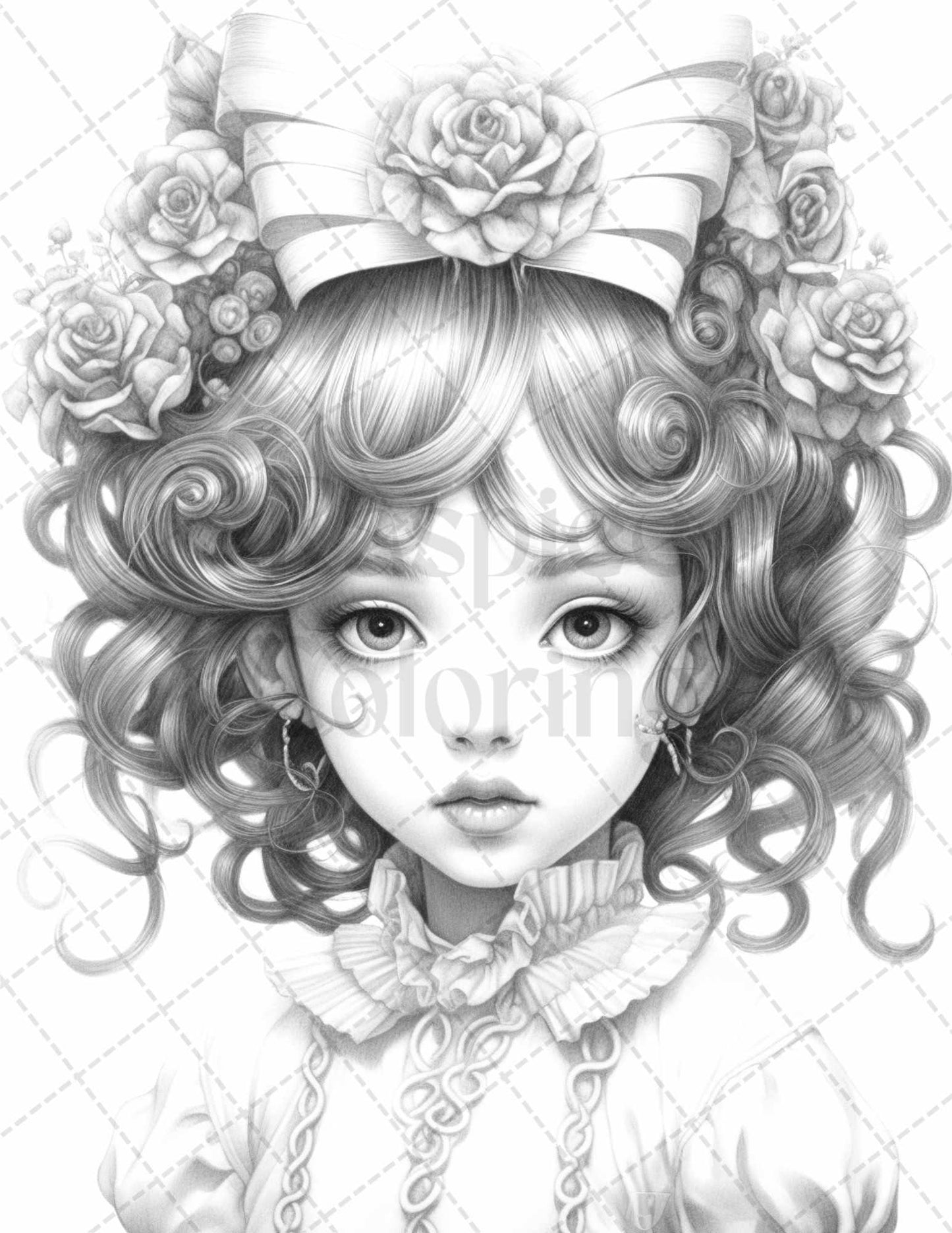 60 Adorable Gothic Girls Grayscale Coloring Pages Printable for Adults, PDF File Instant Download