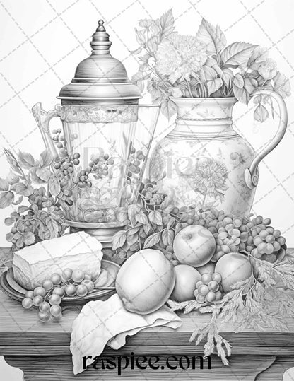 52 Still Life Grayscale Coloring Pages Printable for Adults, PDF File Instant Download