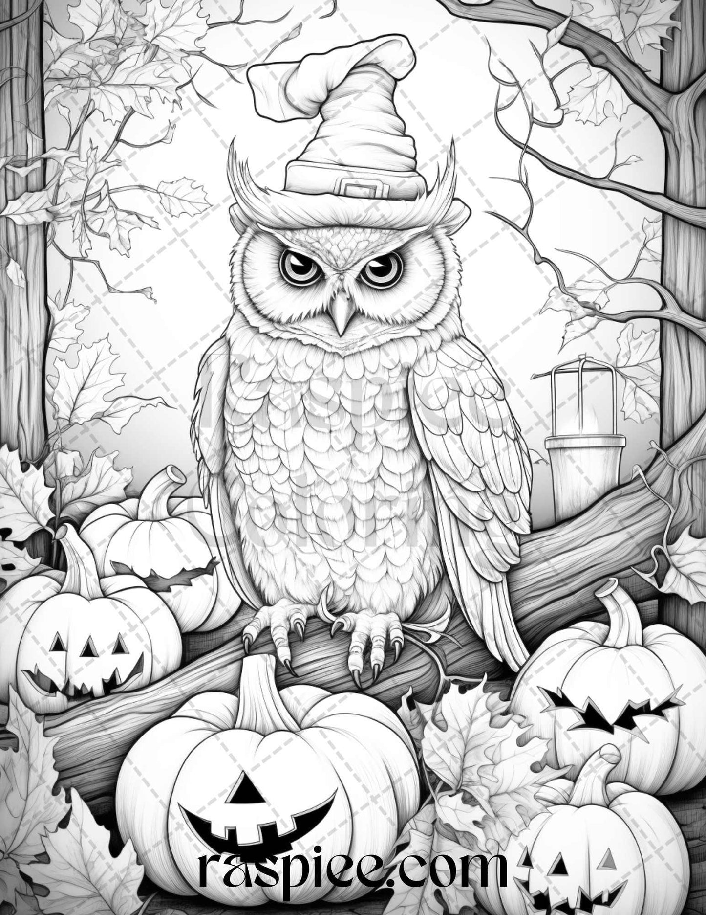 Halloween Witch Owl Grayscale Coloring Pages for Adults and Kids, Printable PDF Instant Download