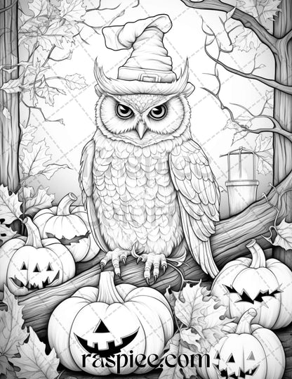 Halloween Witch Owl Grayscale Coloring Pages for Adults and Kids, Printable PDF Instant Download