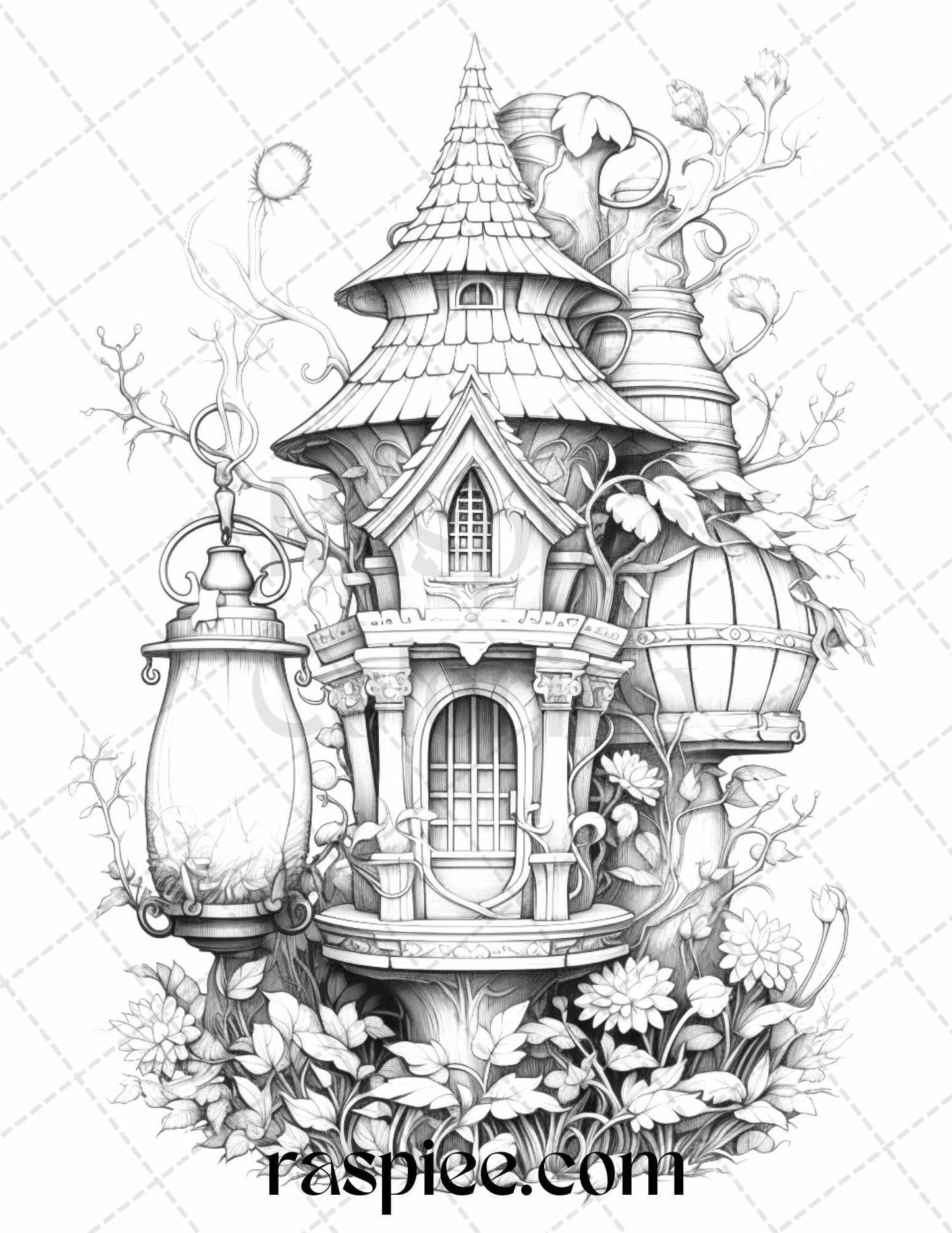 50 Lantern Fairy Houses Grayscale Coloring Pages Printable for Adults, PDF File Instant Download