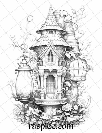 50 Lantern Fairy Houses Grayscale Coloring Pages Printable for Adults, PDF File Instant Download