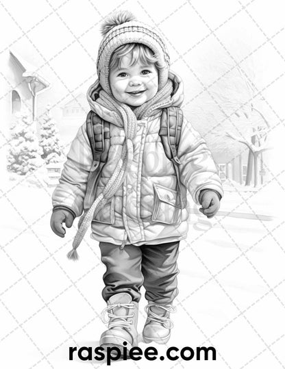 50 Baby Winter Portrait Grayscale Coloring Pages Printable for Adults, PDF File Instant Download