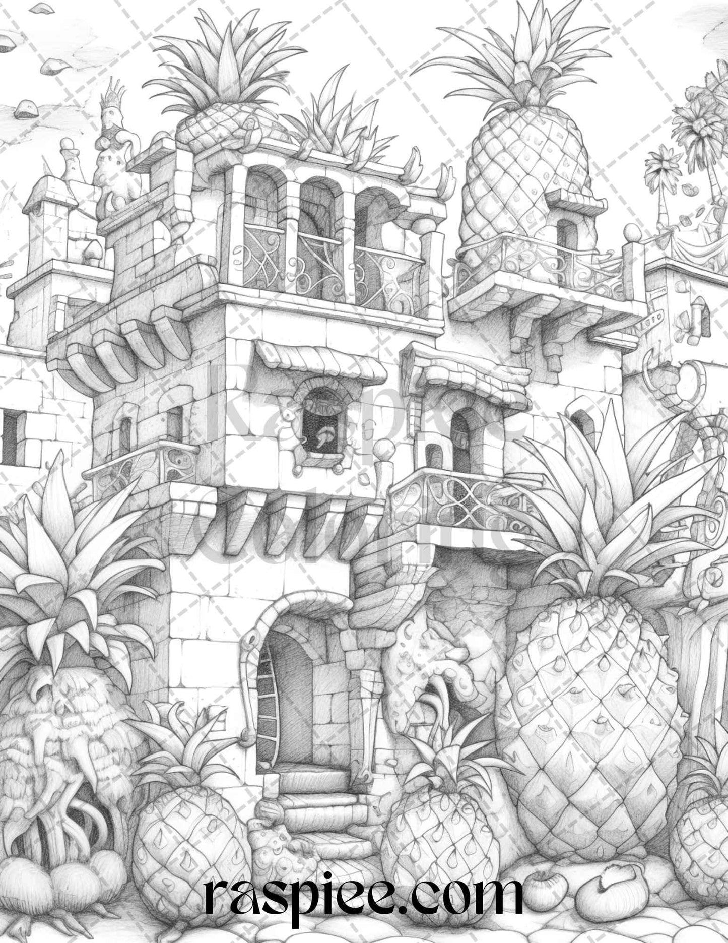 50 Pineapple Houses Grayscale Coloring Pages Printable for Adults, PDF File Instant Download