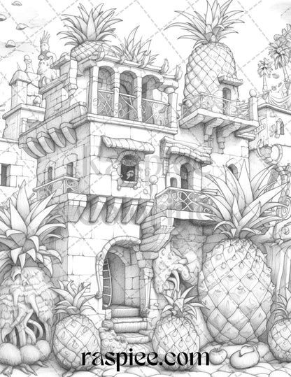 50 Pineapple Houses Grayscale Coloring Pages Printable for Adults, PDF File Instant Download