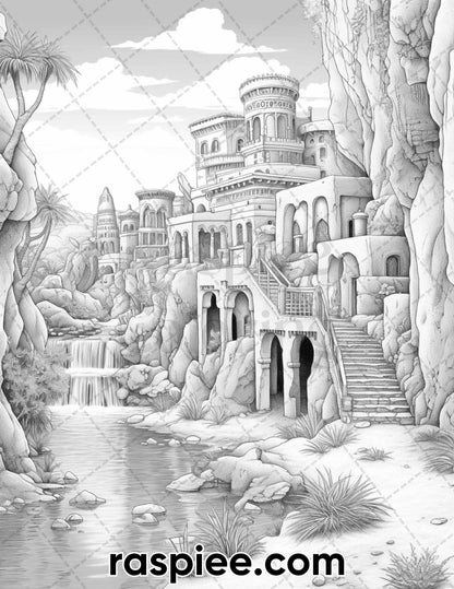 55 Desert Oasis Fairy Homes Grayscale Coloring Pages for Adults, Printable PDF Instant Download