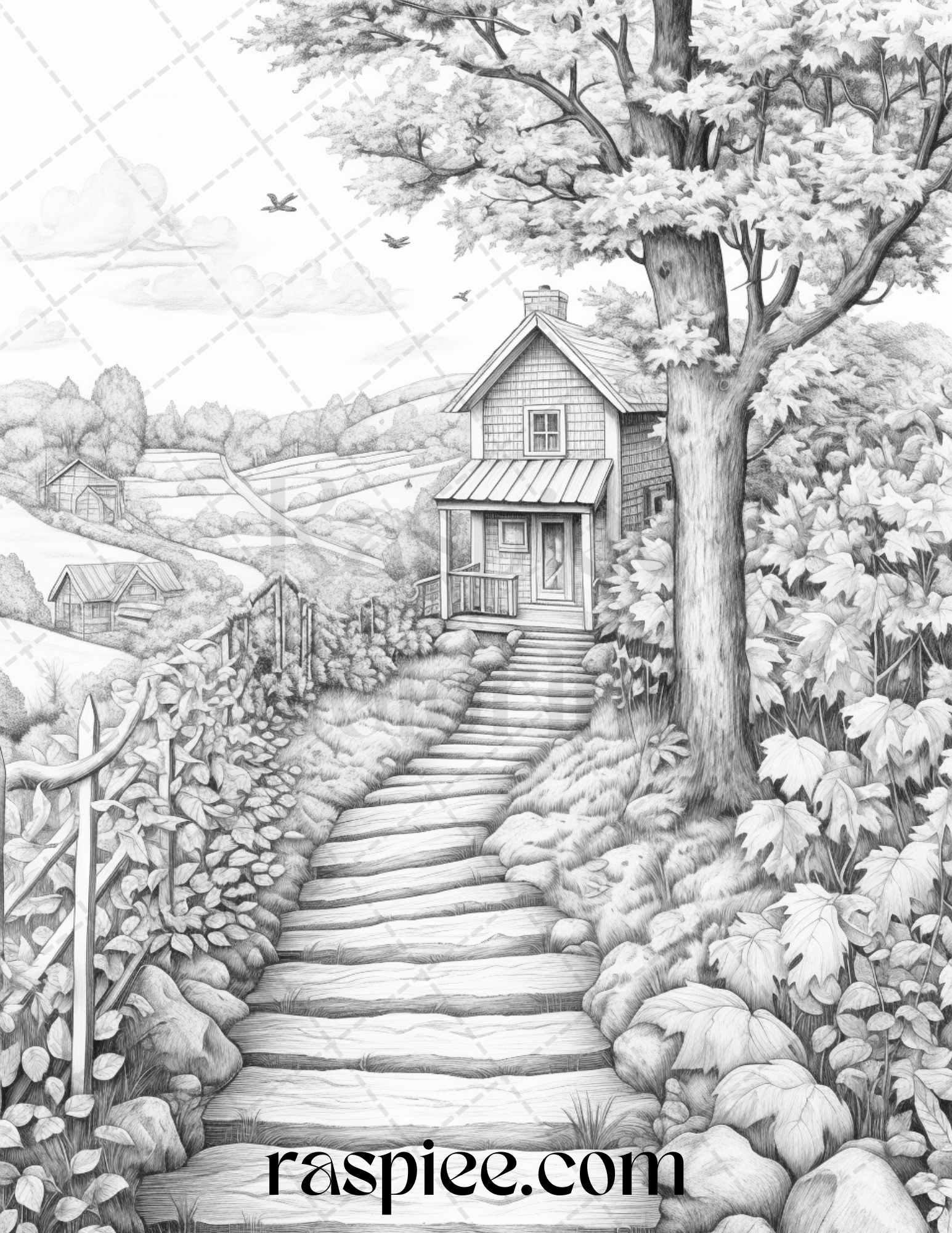 Autumn Scenery Grayscale Coloring Pages Printable for Adults, PDF File Instant Download
