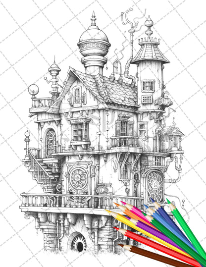 50 Steampunk Houses Grayscale Coloring Pages Printable for Adults, PDF File Instant Download