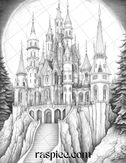 50 Haunted Castles Grayscale Coloring Pages Printable, Halloween Coloring Book, PDF File Instant Download