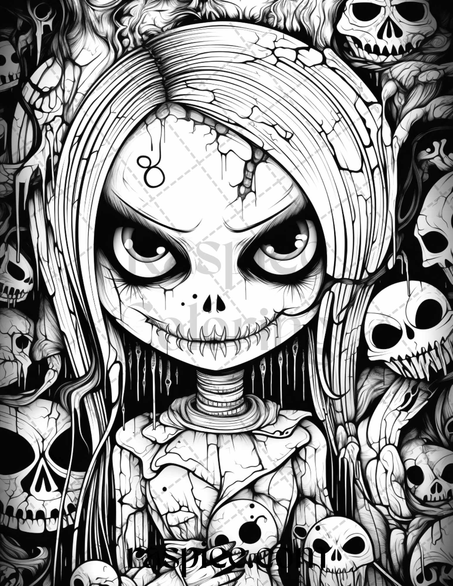 50 Spooky Miss Nightmare Grayscale Coloring Pages Printable for Adults, PDF File Instant Download