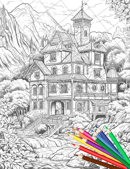122 Fantasy Castles Coloring Book for Adults, Grayscale Coloring Page, Printable PDF Instant Download