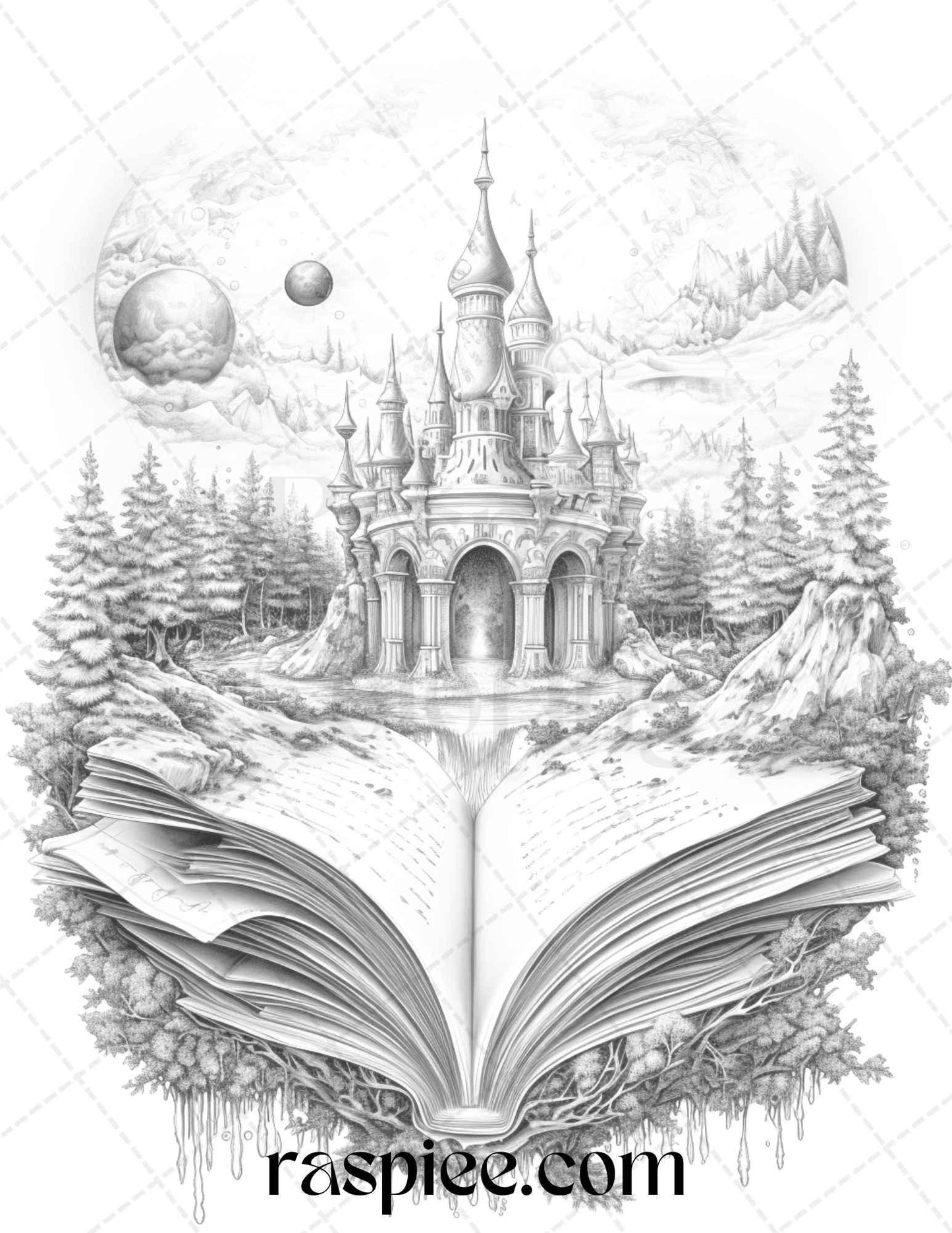 50 Magical Books Grayscale Coloring Pages Printable for Adults, PDF File Instant Download
