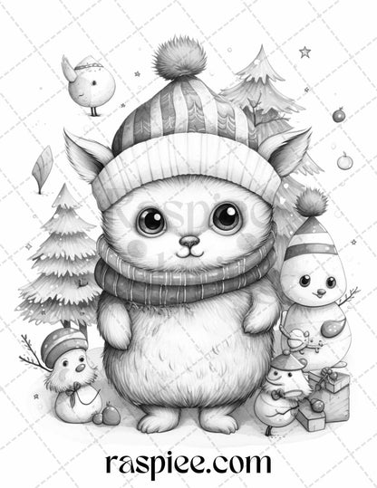 70 Christmas Critters Grayscale Coloring Pages Printable for Adults and Kids, PDF File Instant Download