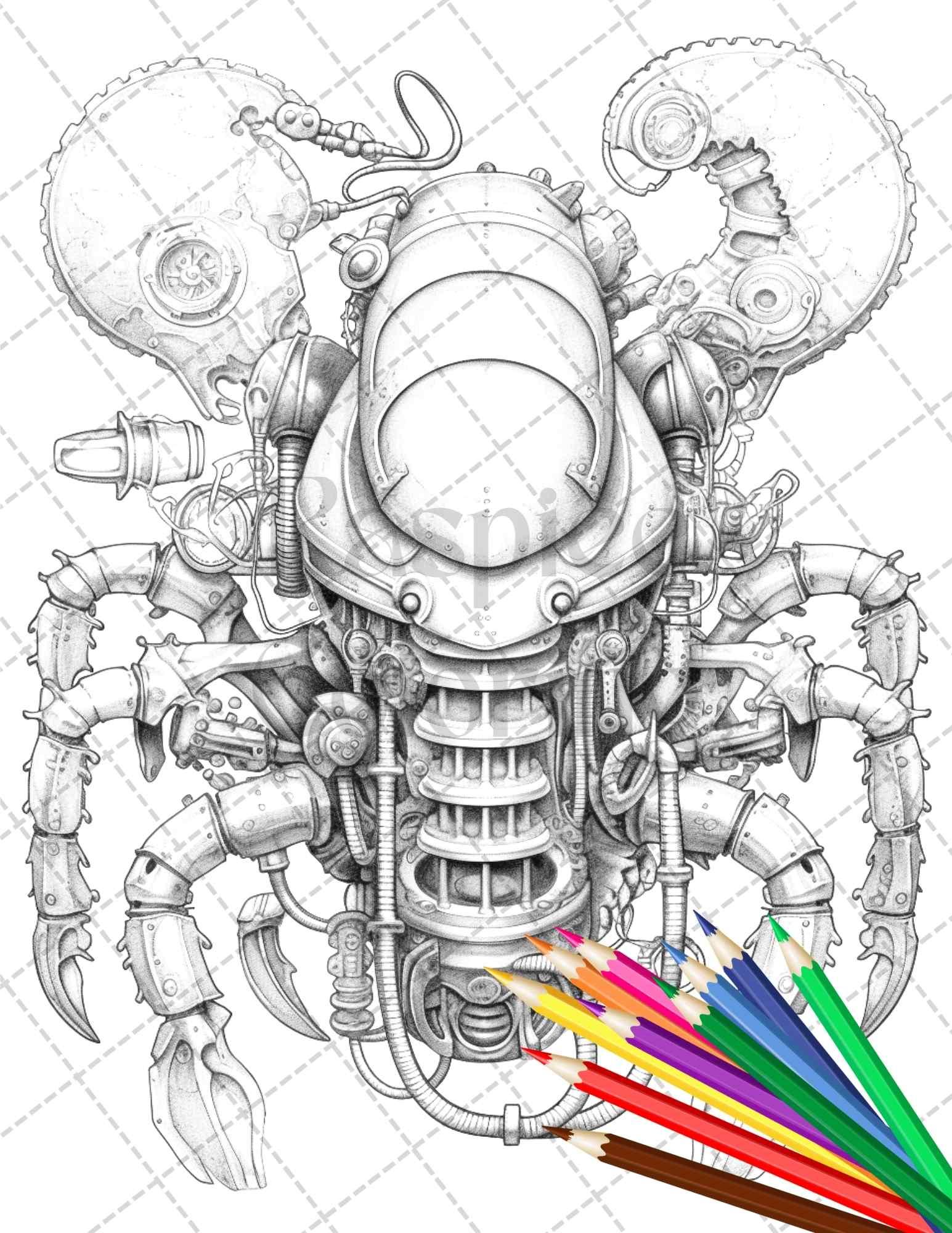 60 Steampunk Animals Grayscale Coloring Pages Printable for Adults, PDF File Instant Download