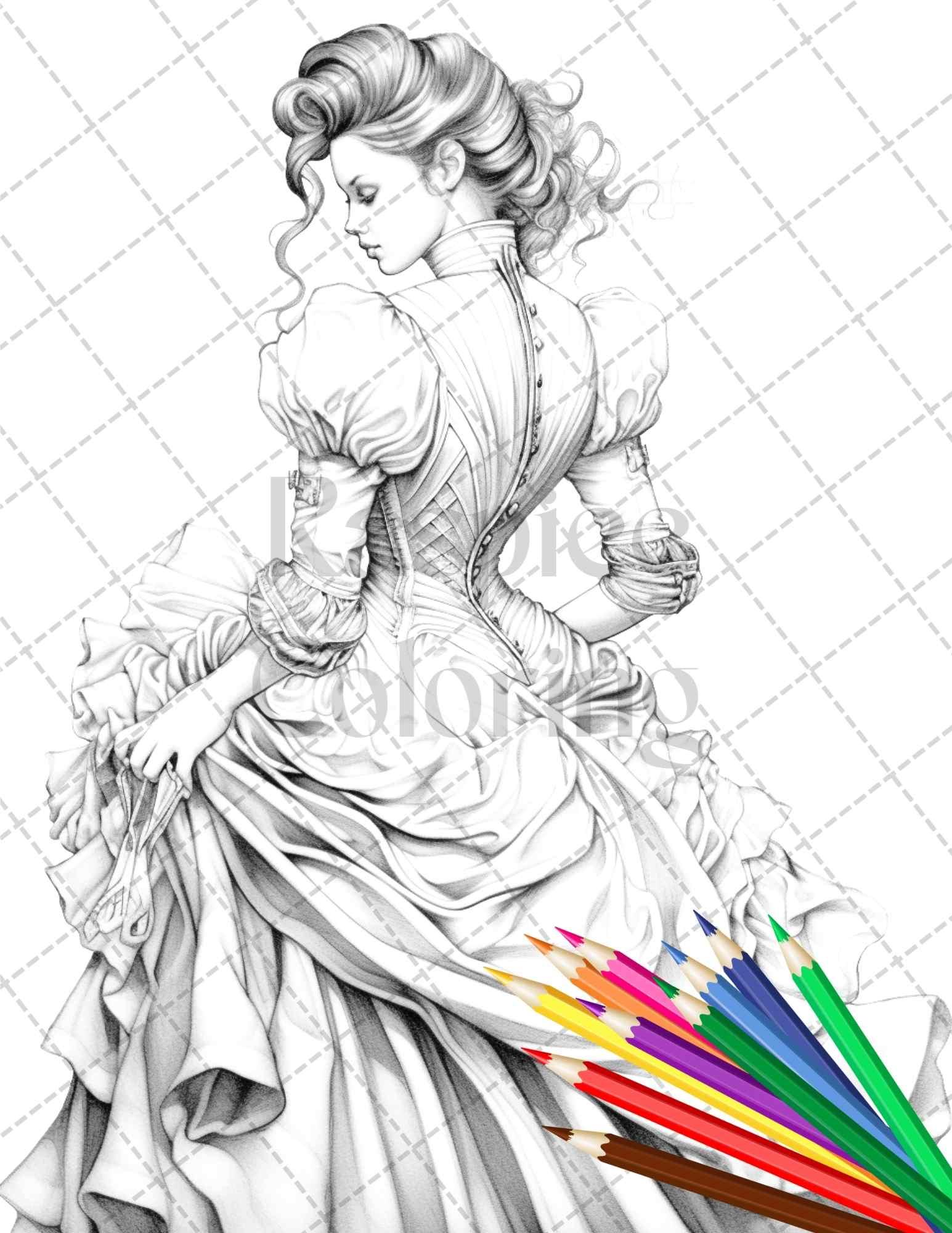 50 Victorian Fashion Grayscale Coloring Pages Printable for Adults, PDF File Instant Download