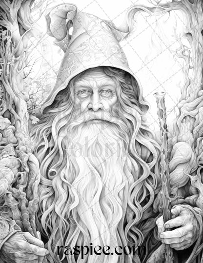 50 Magical Wizard Grayscale Coloring Pages for Adults, Printable PDF File Instant Download