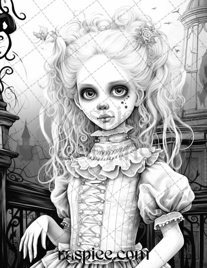 50 Scary Victorian Dolls Grayscale Coloring Pages Printable for Adults, PDF File Instant Download