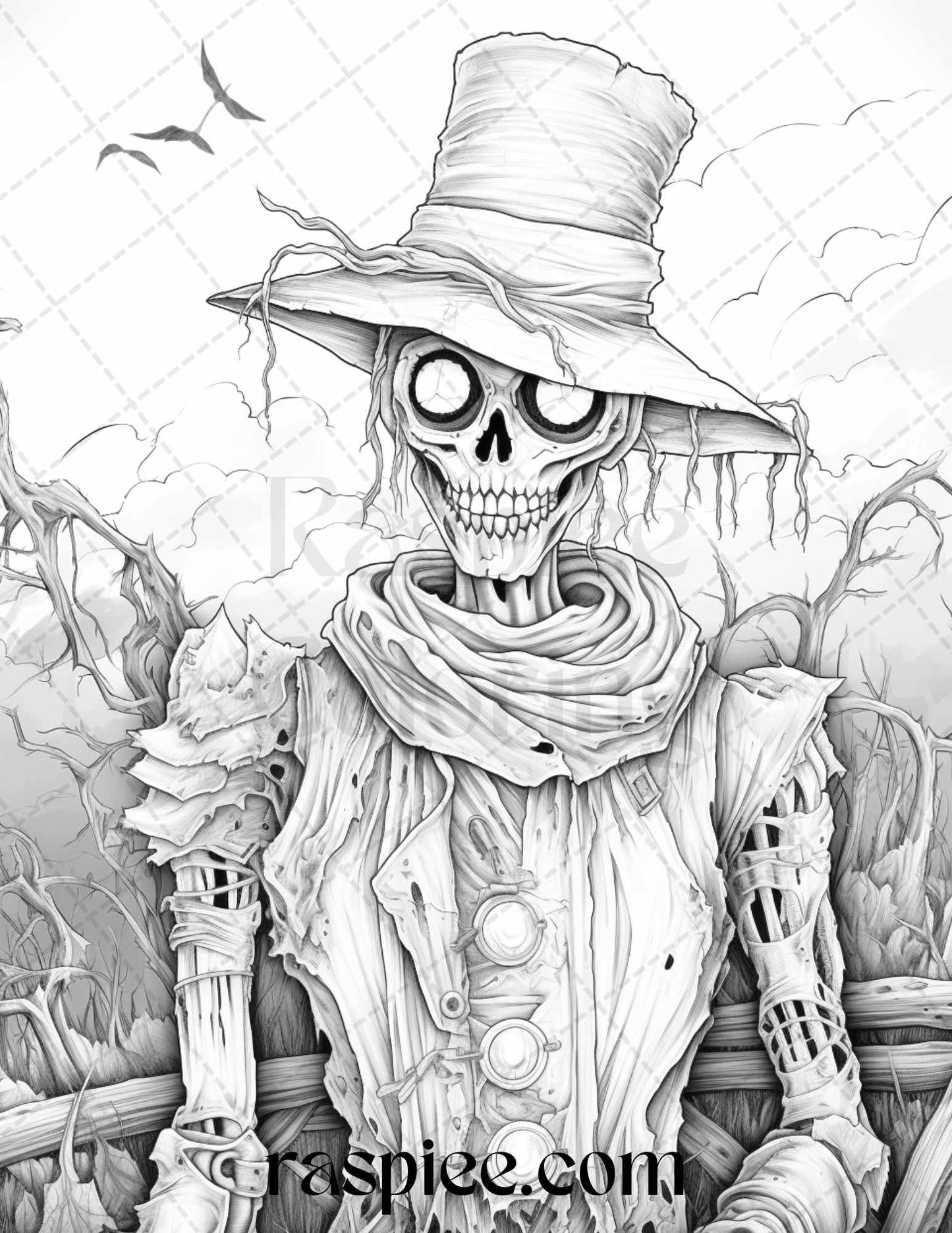 53 Scary Steampunk Scarecrows Grayscale Coloring Pages Printable for Adults, PDF File Instant Download