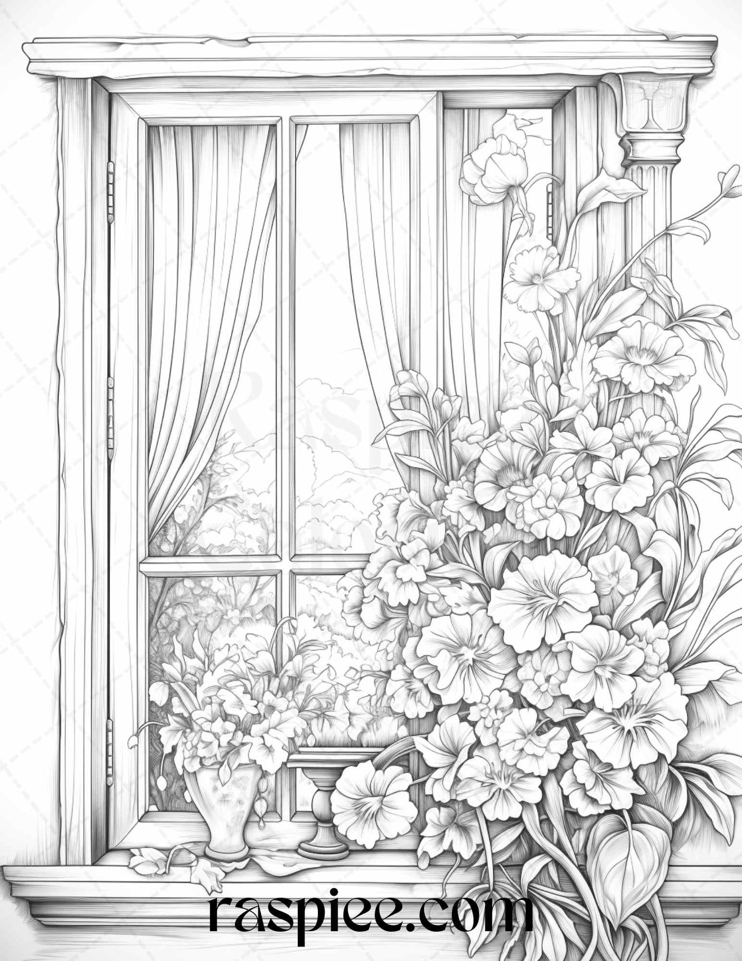 50 Blooming Windows Grayscale Coloring Pages Printable for Adults, PDF File Instant Download