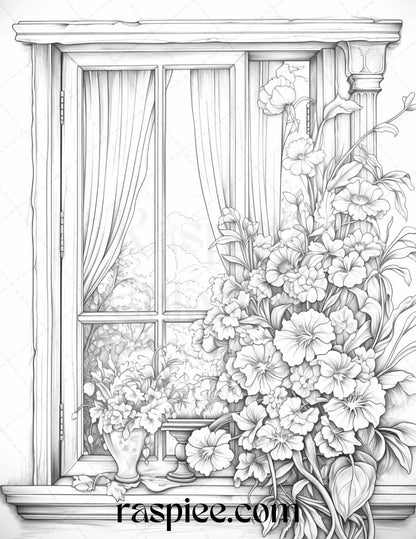 50 Blooming Windows Grayscale Coloring Pages Printable for Adults, PDF File Instant Download