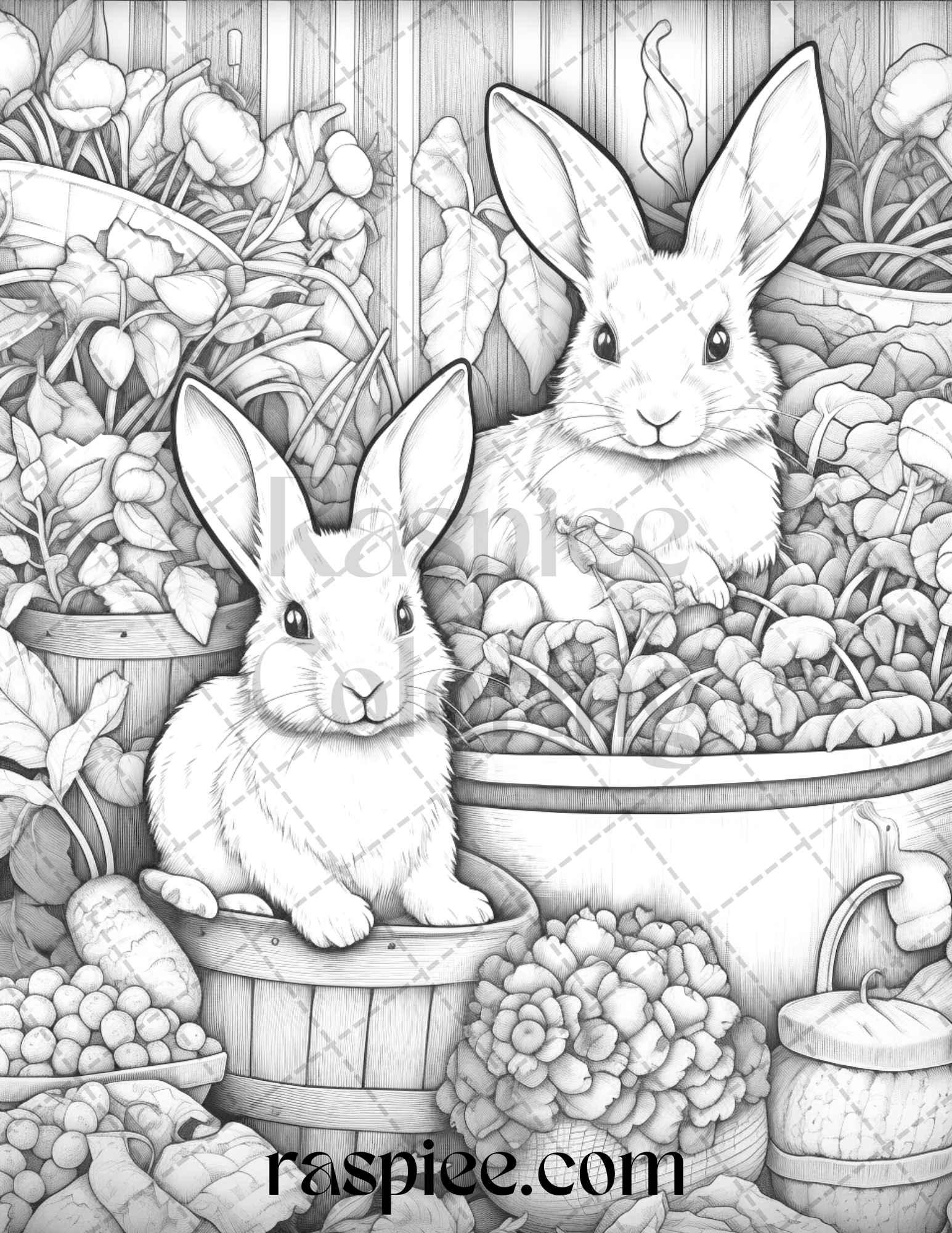 50 Rabbit Garden Grayscale Coloring Pages Printable for Adults, PDF File Instant Download