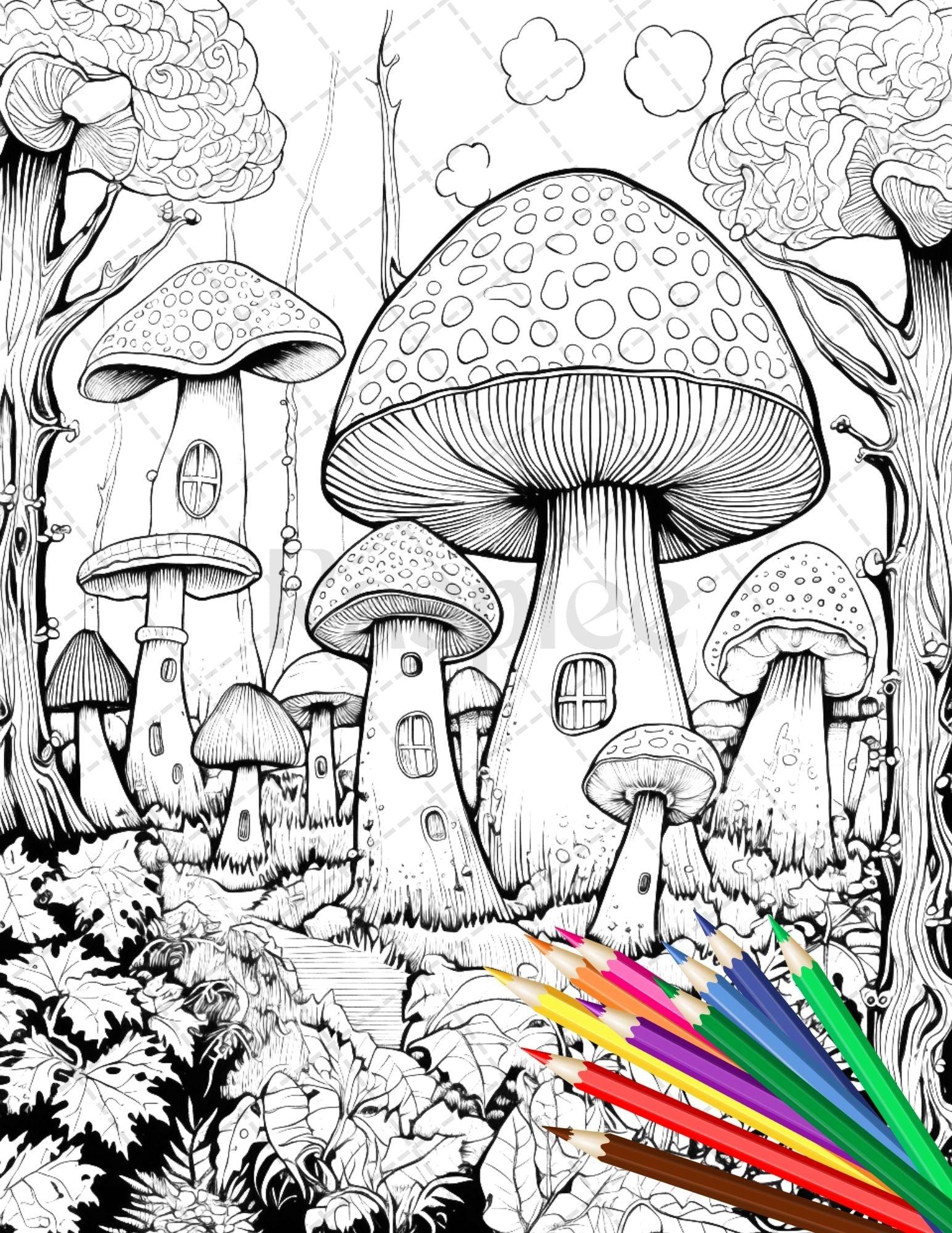 Psychedelic Mushroom Forest Coloring Book Printable for Adults, Trippy Grayscale Coloring Page, PDF File Instant Download