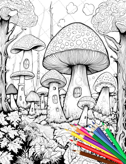 Psychedelic Mushroom Forest Coloring Book Printable for Adults, Trippy Grayscale Coloring Page, PDF File Instant Download