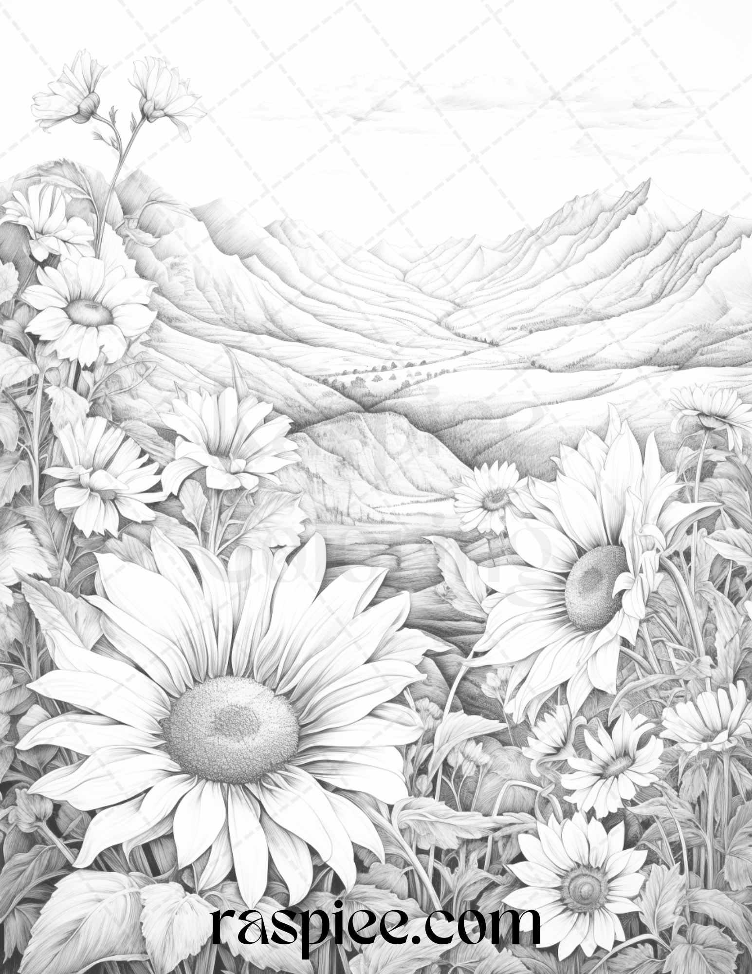 60 Mountain Flower Landscapes Grayscale Coloring Pages Printable for Adults, PDF File Instant Download