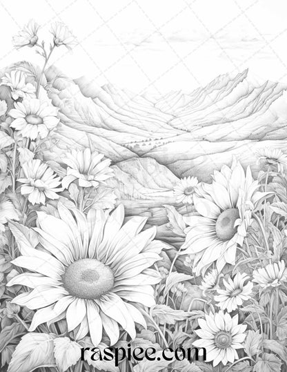 60 Mountain Flower Landscapes Grayscale Coloring Pages Printable for Adults, PDF File Instant Download