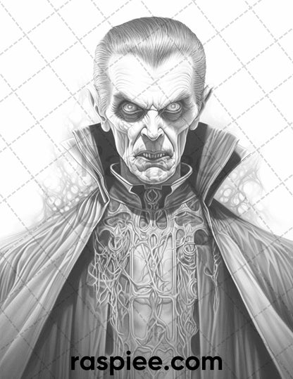 50 Count Dracula Grayscale Coloring Pages Printable for Adults, PDF File Instant Download