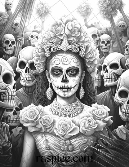 50 Day of the Dead Grayscale Coloring Pages Printable for Adults, PDF File Instant Download