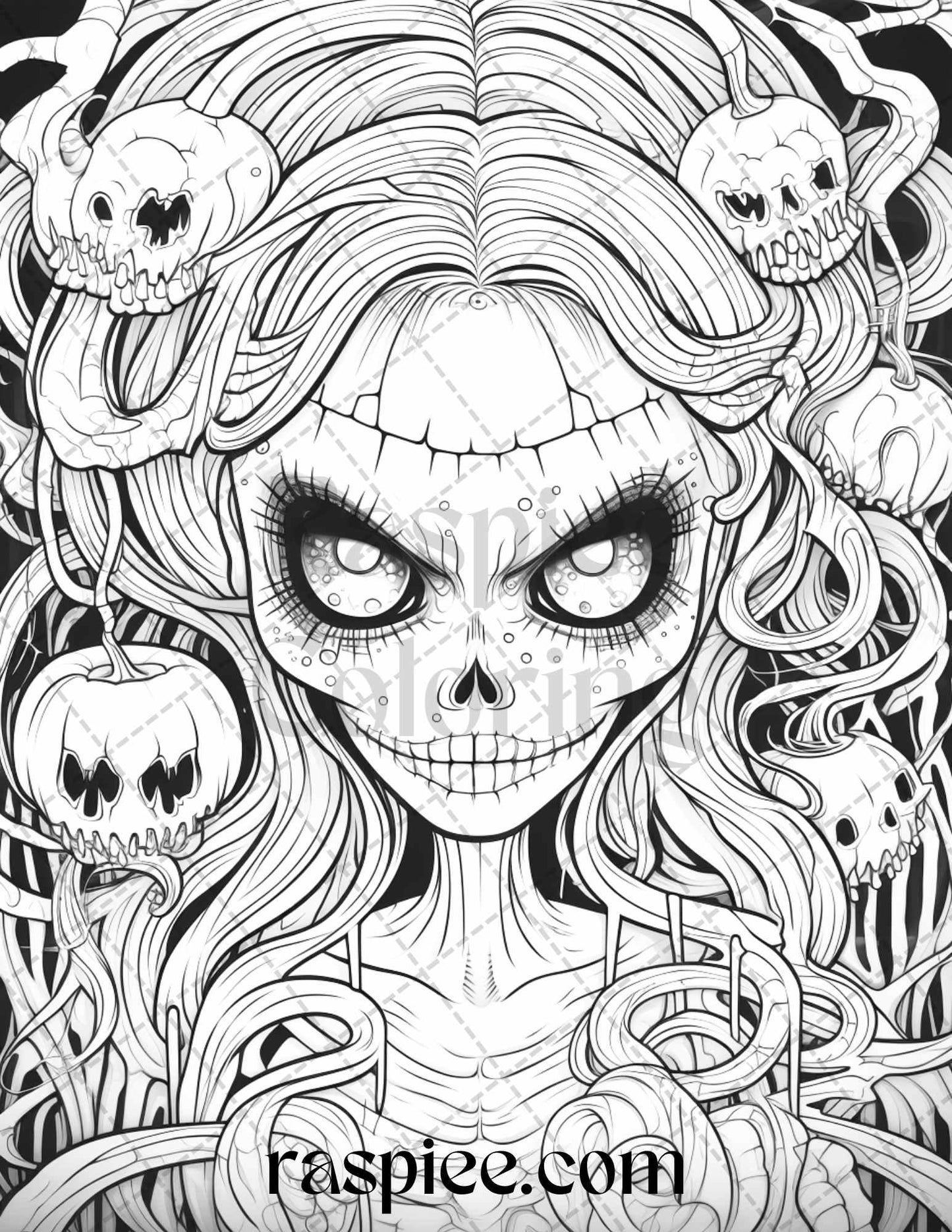 50 Spooky Miss Nightmare Grayscale Coloring Pages Printable for Adults, PDF File Instant Download
