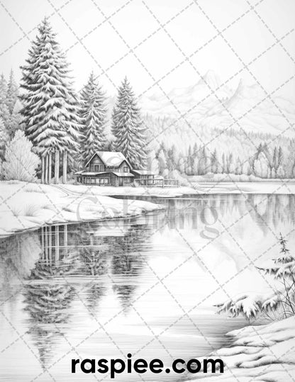 60 Merry Christmas Grayscale Coloring Pages Printable for Adult, Holiday Relaxation Art, PDF File Instant Download