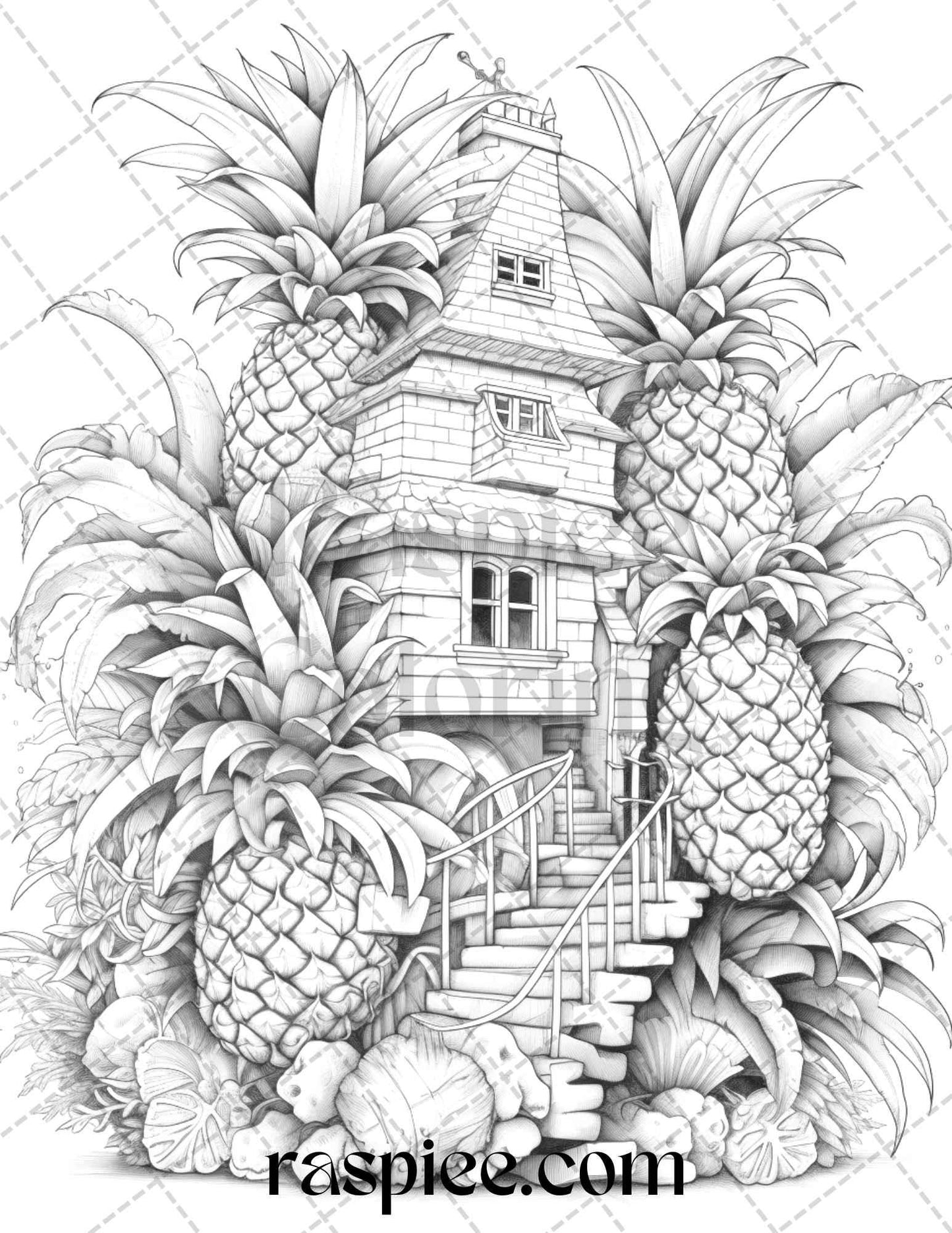50 Pineapple Houses Grayscale Coloring Pages Printable for Adults, PDF File Instant Download