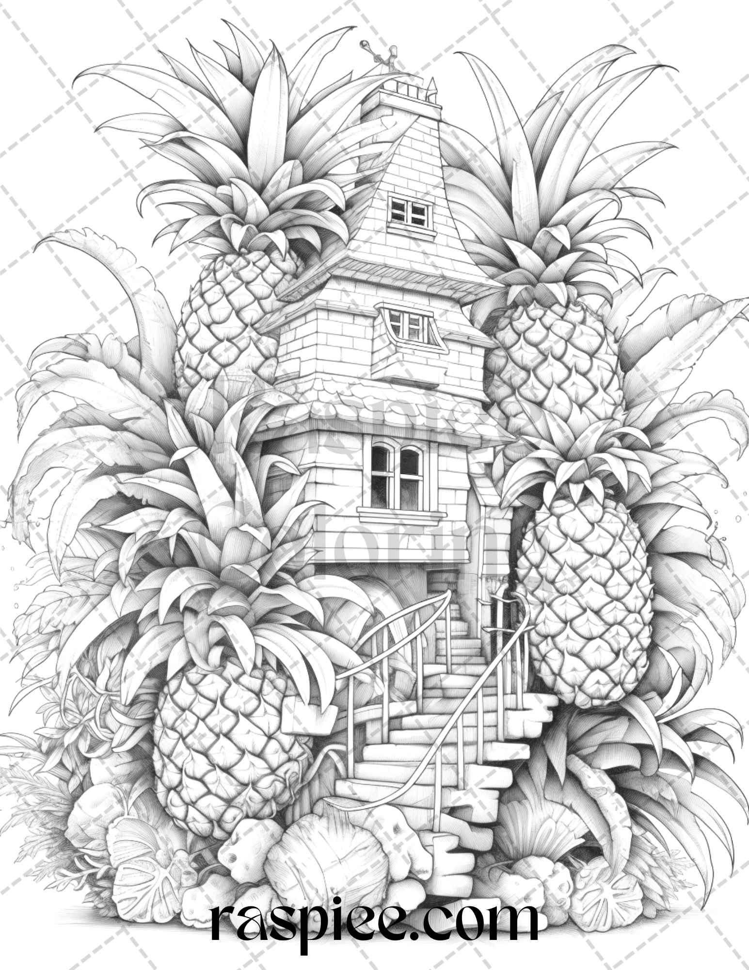 50 Pineapple Houses Grayscale Coloring Pages Printable for Adults, PDF File Instant Download