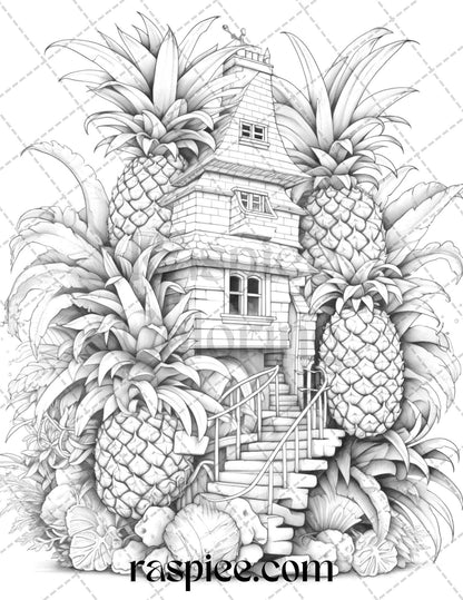 50 Pineapple Houses Grayscale Coloring Pages Printable for Adults, PDF File Instant Download