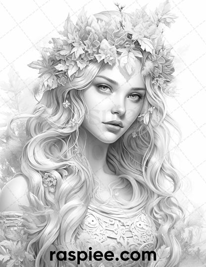 50 Winter Queens Portrait Grayscale Coloring Pages Printable for Adults, PDF File Instant Download