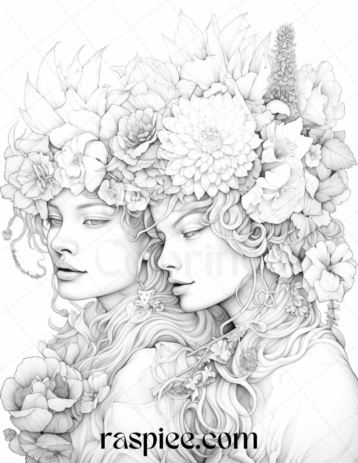 50 Romantic Couple Flowers Grayscale Coloring Pages Printable for Adults, PDF File Instant Download