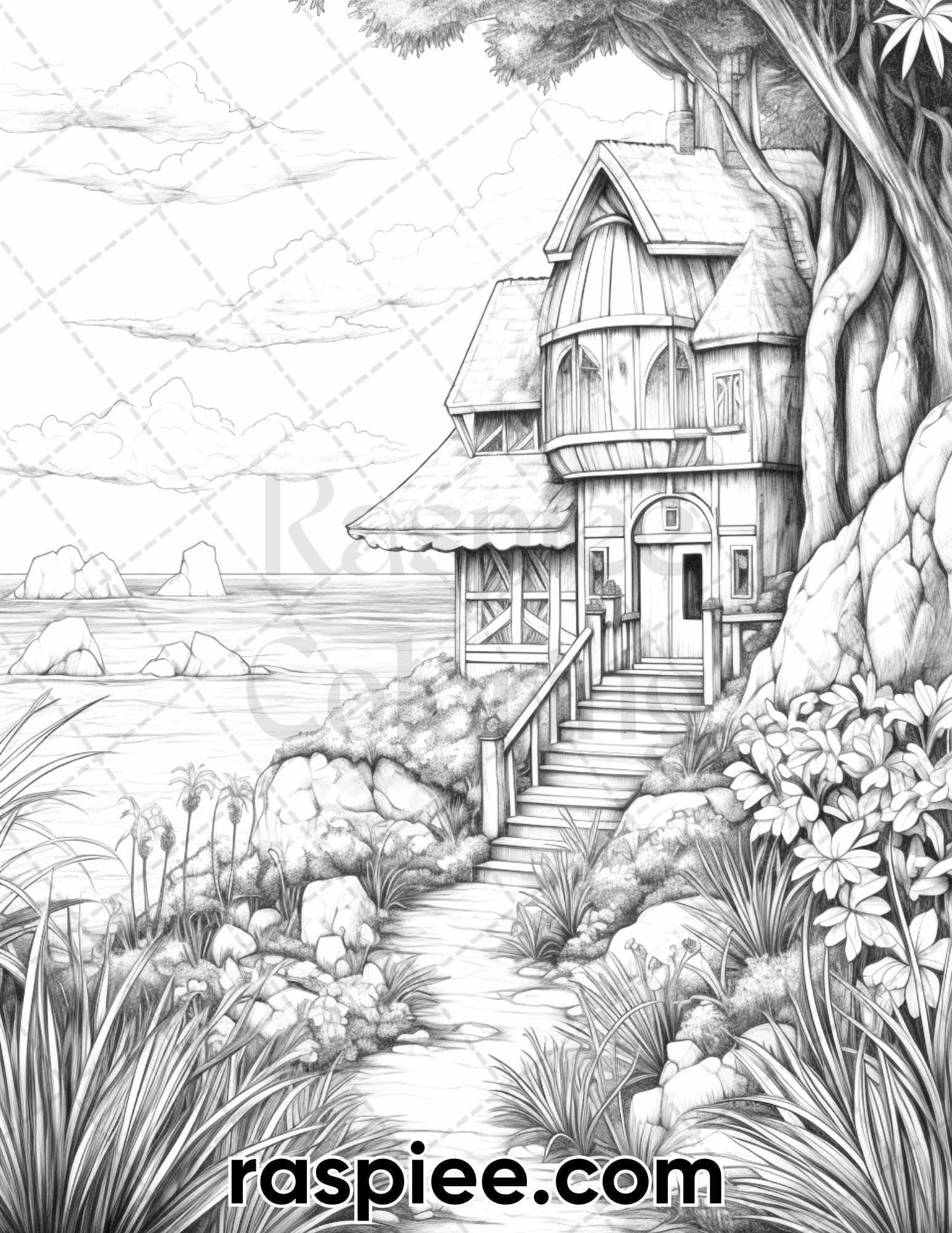 50 Fairy Beach Houses Grayscale Coloring Pages for Adults, Printable PDF Instant Download