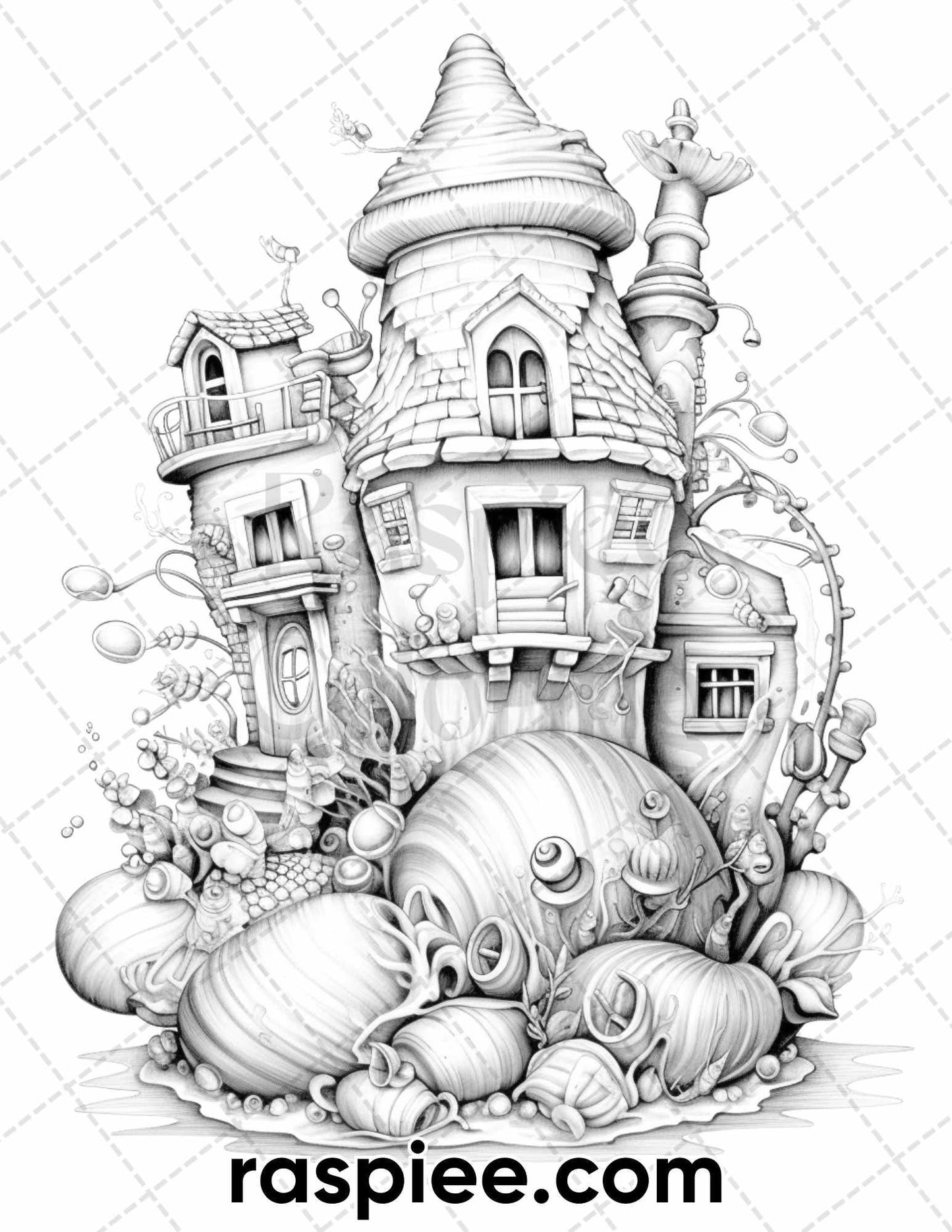 50 Seashell Houses Grayscale Adult Coloring Pages, Printable PDF Instant Download