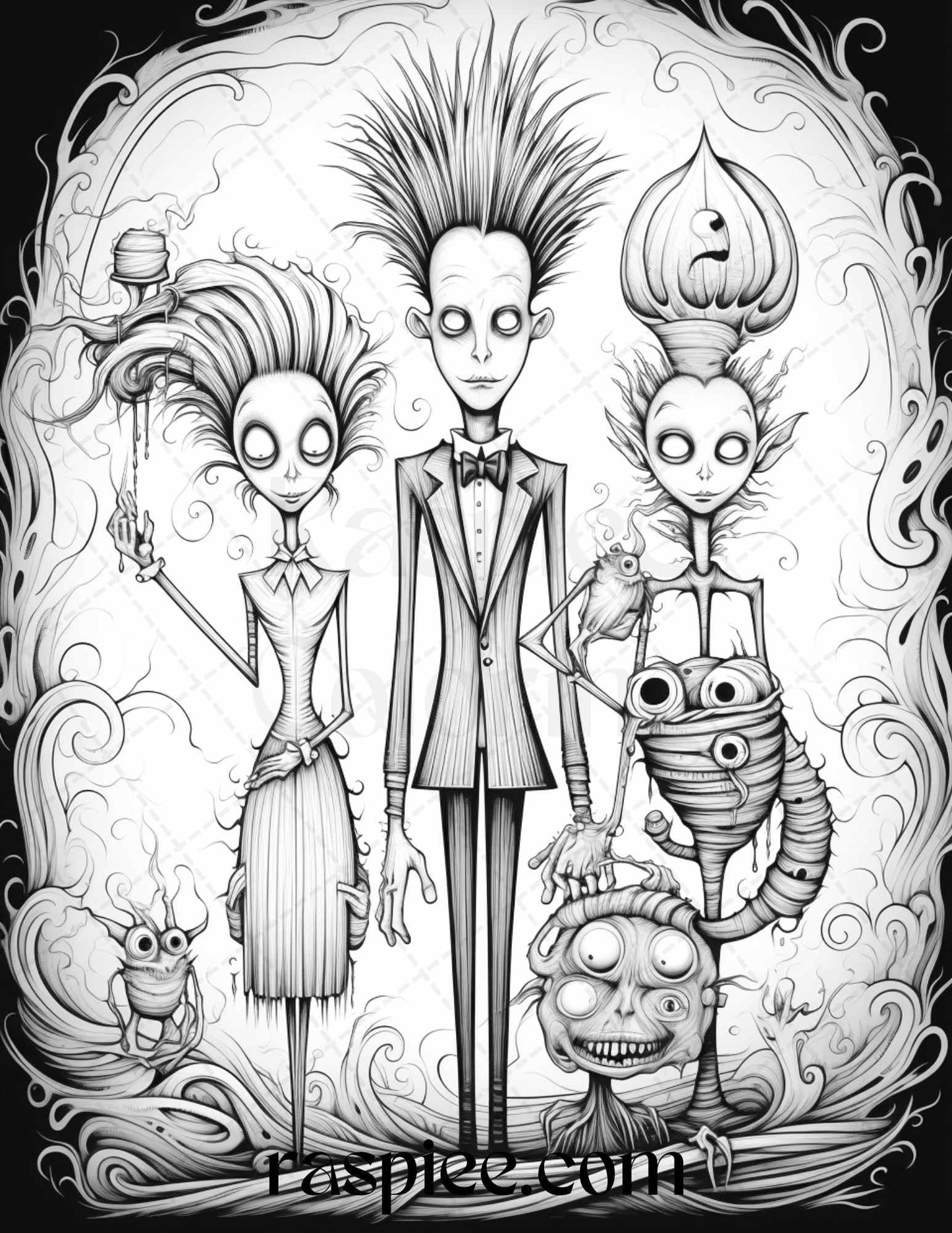 50 Monster Family Grayscale Coloring Pages Printable for Adults - Instant Download, Halloween Coloring Book, Fun and Spooky Designs