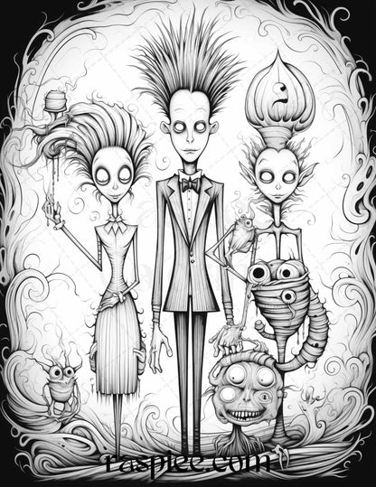 50 Monster Family Grayscale Coloring Pages Printable for Adults - Instant Download, Halloween Coloring Book, Fun and Spooky Designs