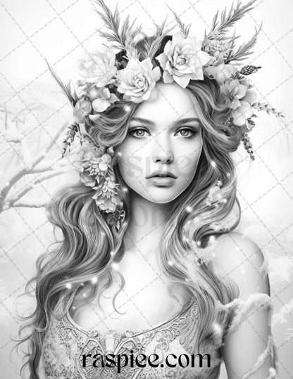 50 Winter Fairy Grayscale Coloring Pages Printable for Adults, PDF File Instant Download