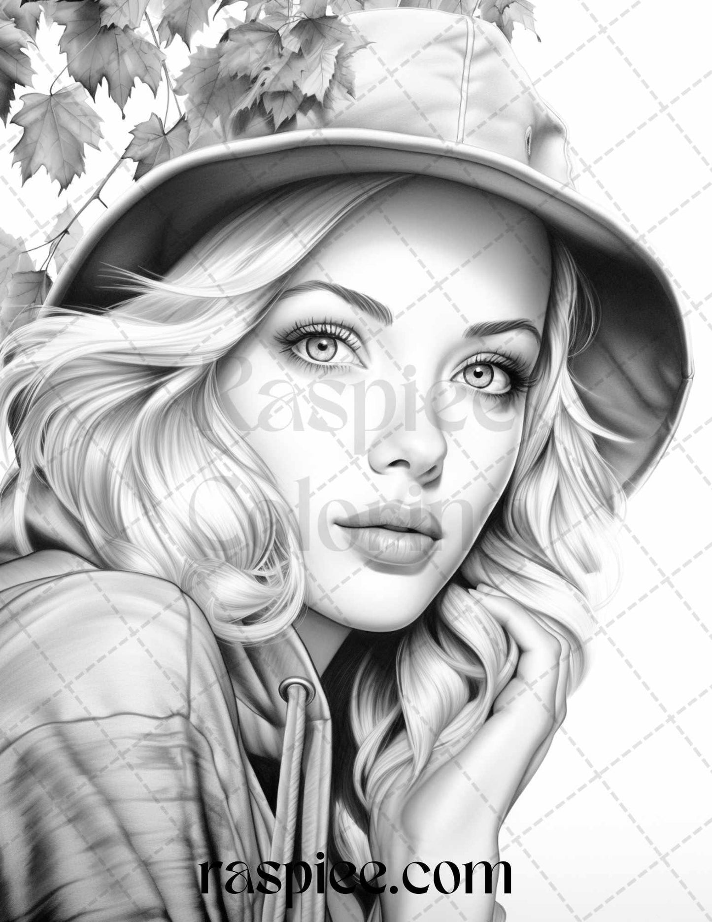 55 Autumn Pin Up Girls Grayscale Coloring Pages Printable for Adults, PDF File Instant Download