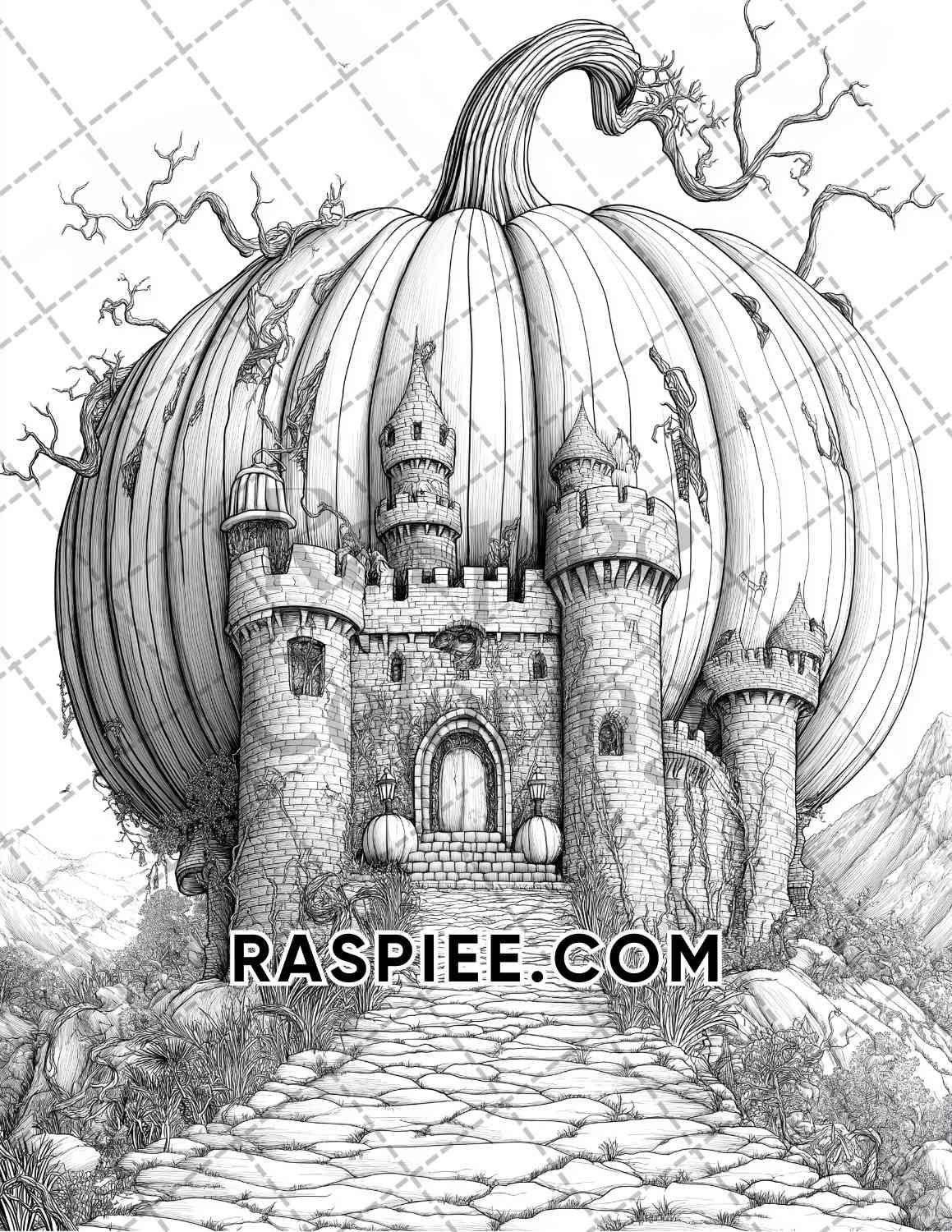 Fantasy Giant Pumpkin Castles Adult Coloring Pages Printable PDF Instant Download
