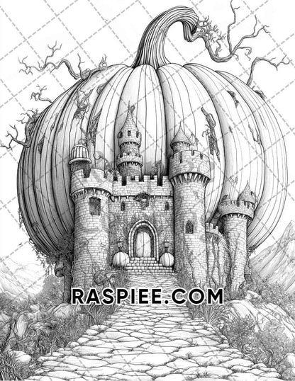 Fantasy Giant Pumpkin Castles Adult Coloring Pages Printable PDF Instant Download