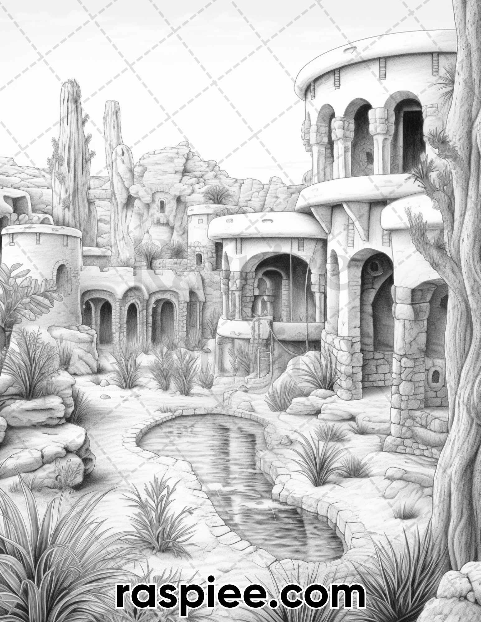55 Desert Oasis Fairy Homes Grayscale Coloring Pages for Adults, Printable PDF Instant Download