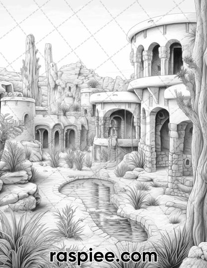 55 Desert Oasis Fairy Homes Grayscale Coloring Pages for Adults, Printable PDF Instant Download